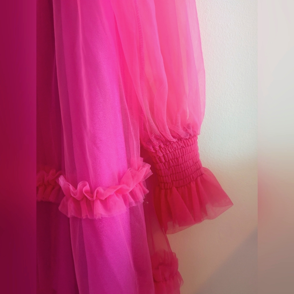 SHEIN Plus Ruffle Hem Shirred Flounce Sleeve Mesh Dress Hot Pink - Picture 3 of 5